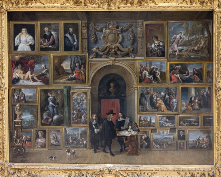 Musées royaux des Beaux-Arts de Belgique. David II Teniers, inventaire 2569. L’archiduc Leopold Guillaume de Habsbourg dans sa galerie de peinture italienne, huile sur toile, 1651.