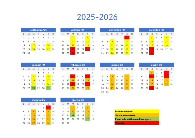 calendario 2025 2026 RAGAZZI